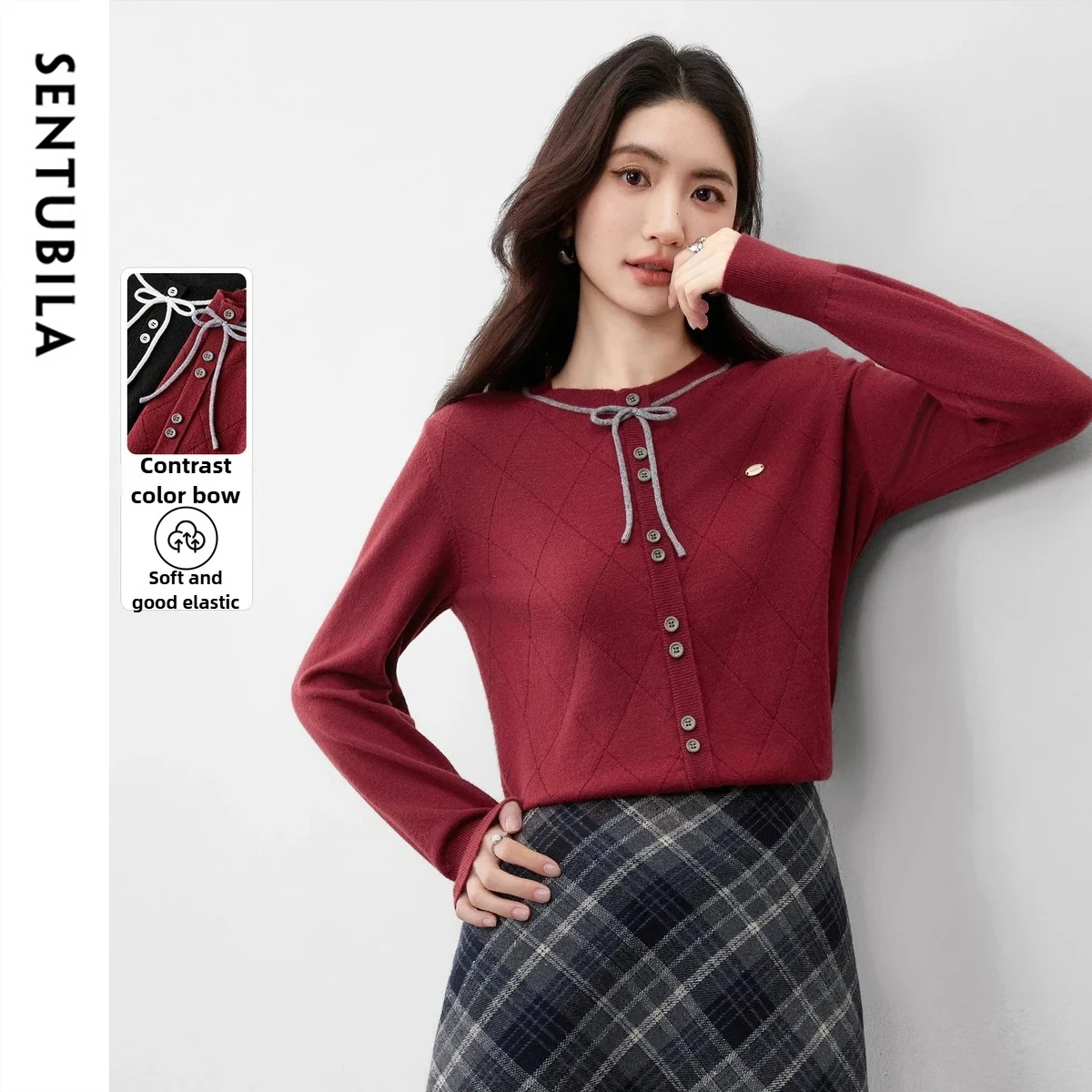 

SENTUBILA Women's Knit Sweater 2026 Autumn Crew Neck Contrast Bow Detail Elastic Cardigan Gentle Style Casual Jumper W53HE3389