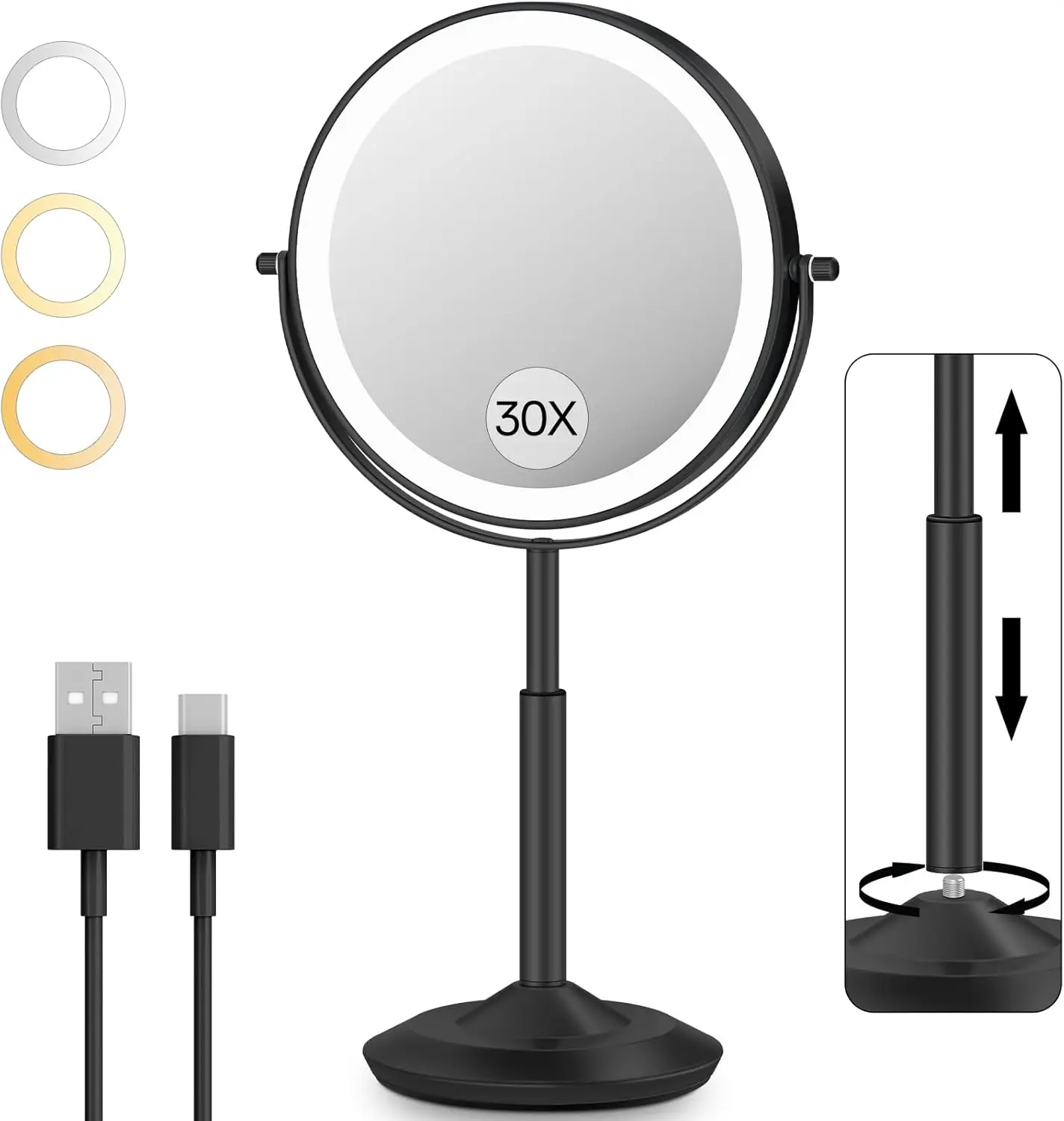 

VFD 30X/1X Makeup Mirror with Lights, Adjustable Height, 3 Lighting Modes, Rechargeable Vanity Mirror for Women