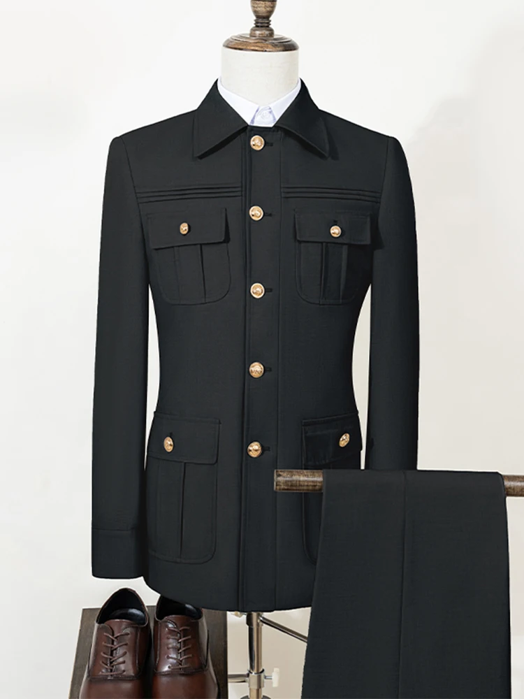 ST Cassy black Elegant Men's suit Classic Fit Multi Buckle Multi Pocket  Casual Business Set Men's 2-piece Set