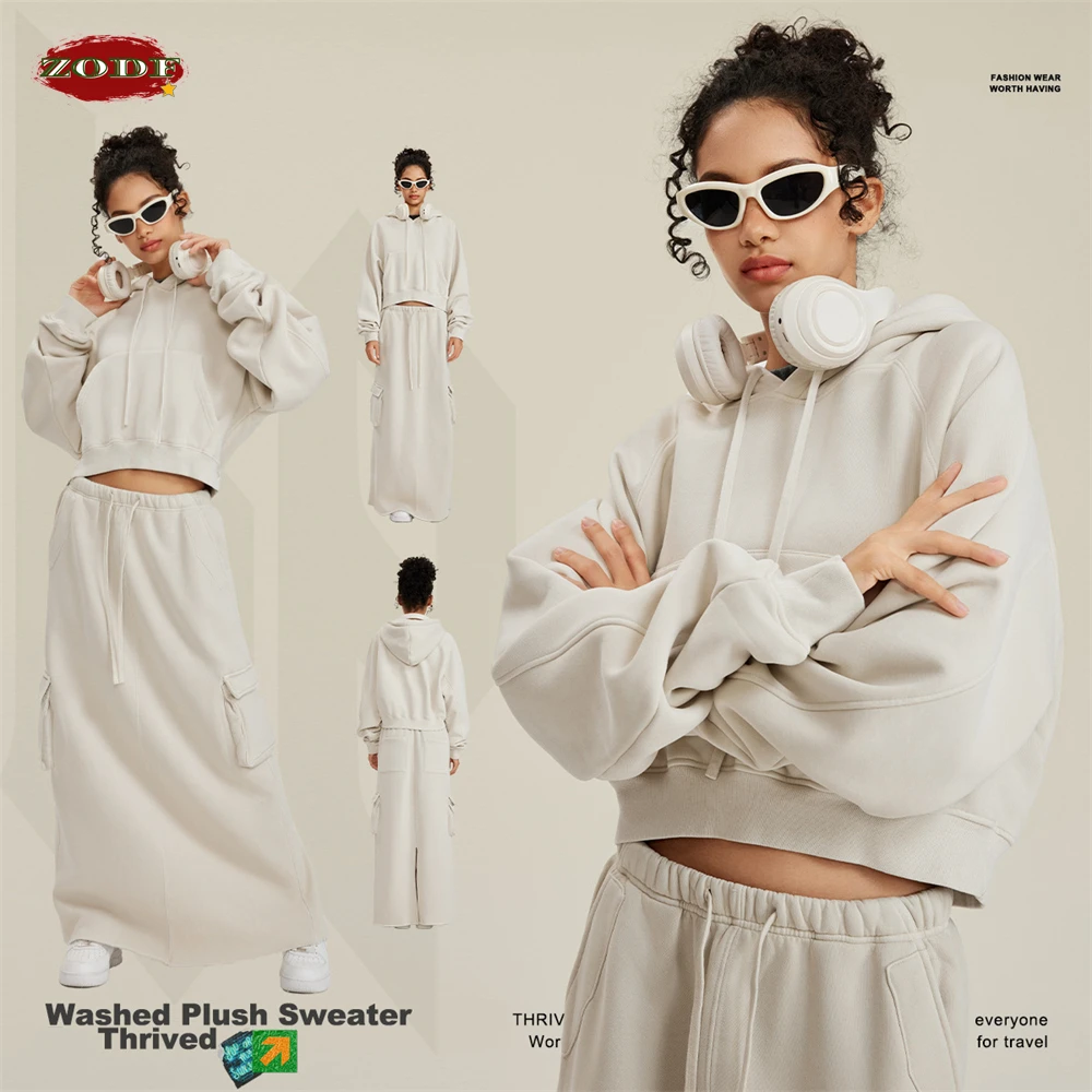 ZODF Women Hotsweet 2023 Winter Washed Fleece Crop Hoodies Girls Oversized Raglan Sleeve 355gsm Hooded Pullovers HY0648