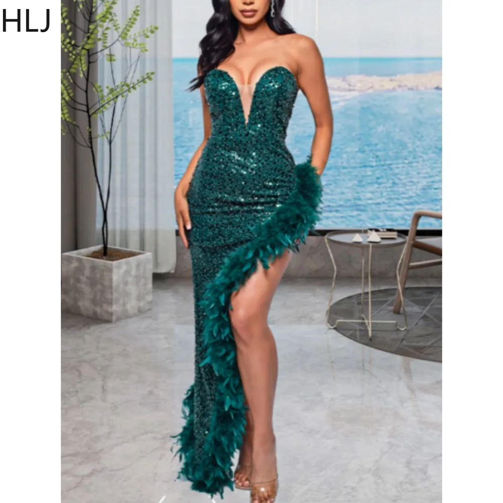 

HLJ Sexy V Neck Sequin Feather Patchwork Evening Party Dresses Women Off Shoulder Irregular Vestidos Fashion Lady Backless Dress