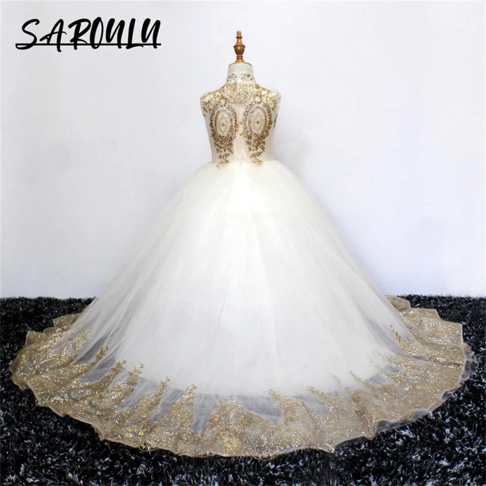 Gold Appliques Sleeveless Flower Girl Dresses For Wedding Party Luxury Appliques Tulle Ballgown Girls Formal Dress Birthday Gift