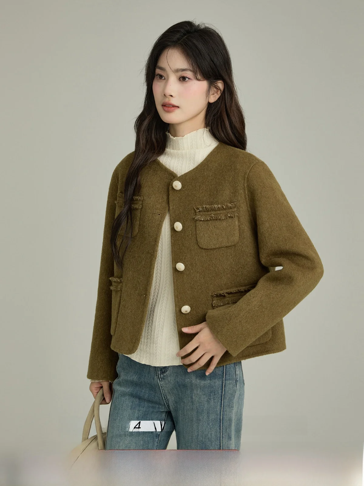 

een round Ne ort Double-Sided Camere Woolen Coat Women's 2024 Winter Design Sensation Warm Coat Youth Long Sve