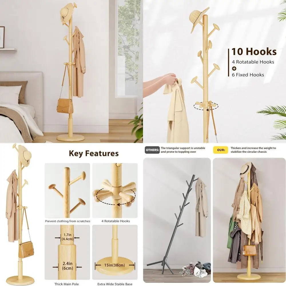 

Sturdy Freestanding Solid Wood Coat Rack with 10 Hooks for Home Use