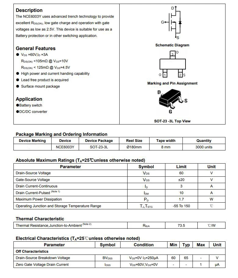 ترانزستور Mosfet بالطاقة لمفتاح البطارية ، وضع تحسين القناة N ، NCE6003Y ، 6003Y ، ARXH ، للي W ، 3A ، 60V