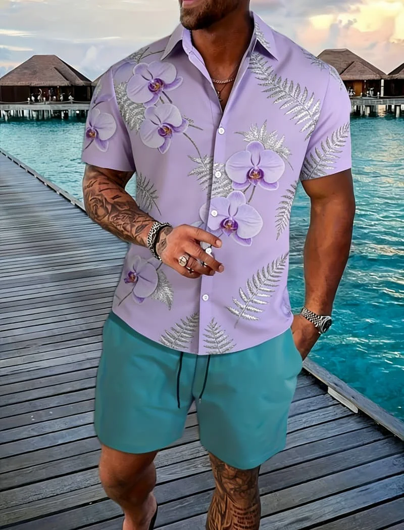 Men's Luxury Stylish Fresh Serene Botanical Print Short Sleeve Shirt Casual Fashion For Daily Wear And Vacation Style