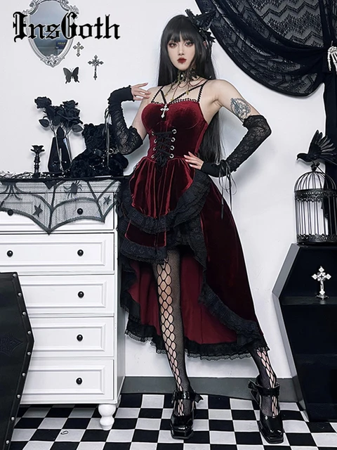 InsGoth Gothic Hi Low Swing Cocktail Party Dress Women s Vintage Goth Lace Smocked Elastic Waist Pleated Flowy Bodycon Dresses AliExpress
