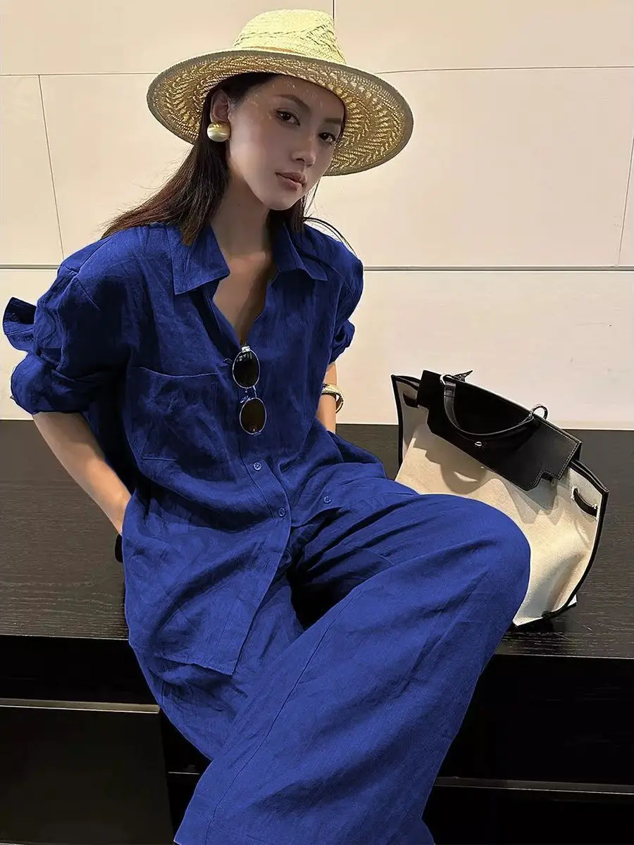 

Cool And Stylish Loose Fit Denim Shirt And Wide Leg Pants Two Piece Set Casual Style Summer Collection Women's Fashion