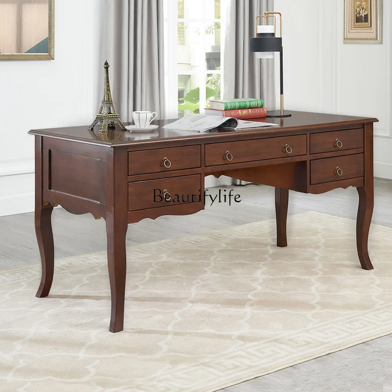 High-End American Style Desk Home Use All Solid Wood European Style Computer Desk Light Luxury retro Study Room