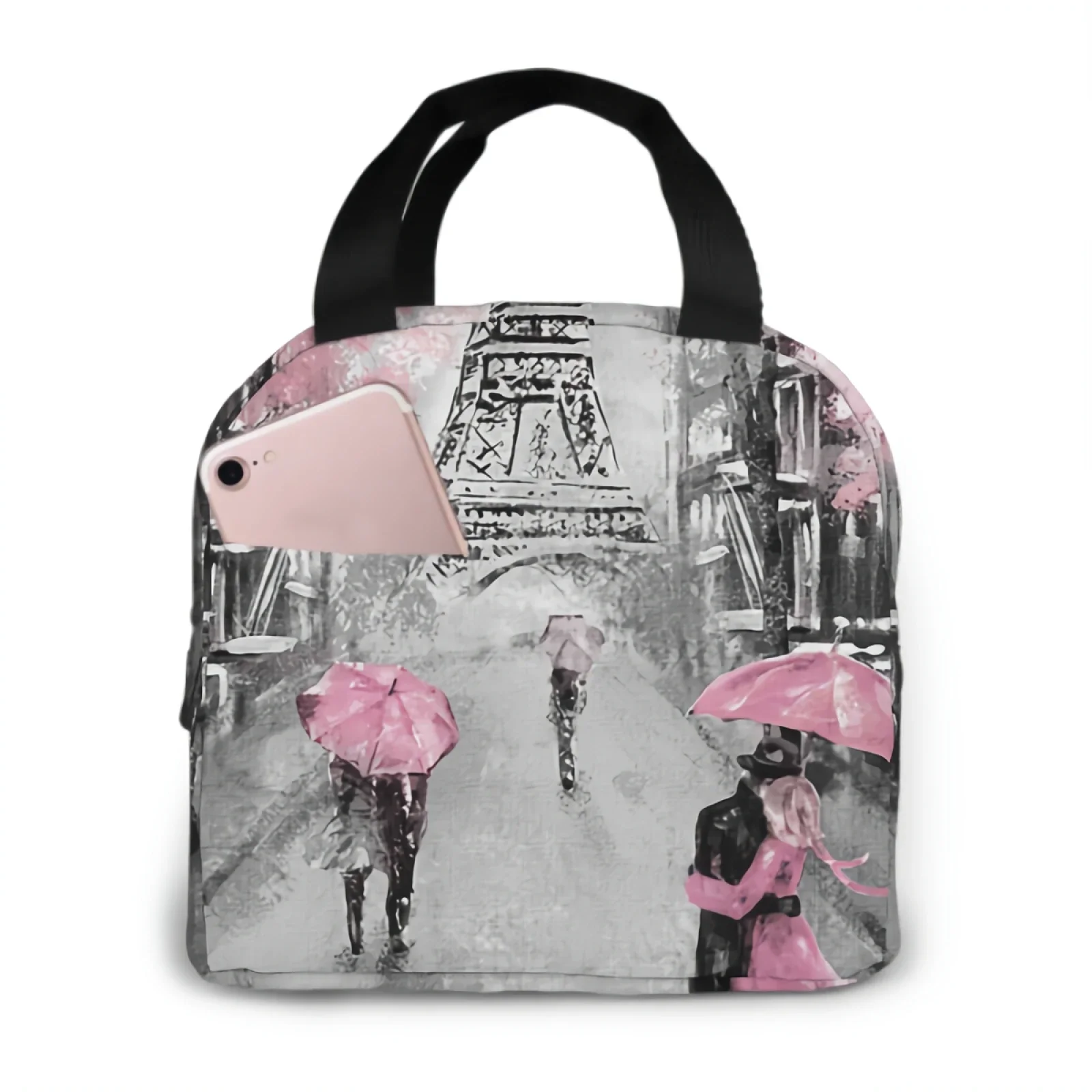 Paris Eiffel Tower Couple Pink Floral Lunch Bag Adult Tote Bag Reusable Lunch Box Container For Women Men School Office Work