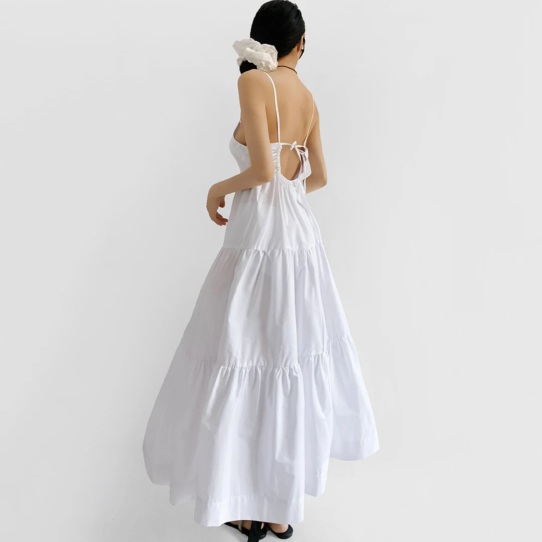 Vestido maxi feminino de algodão em camadas – alças cruzadas nas costas saia em camadas vestido de praia branco de verão