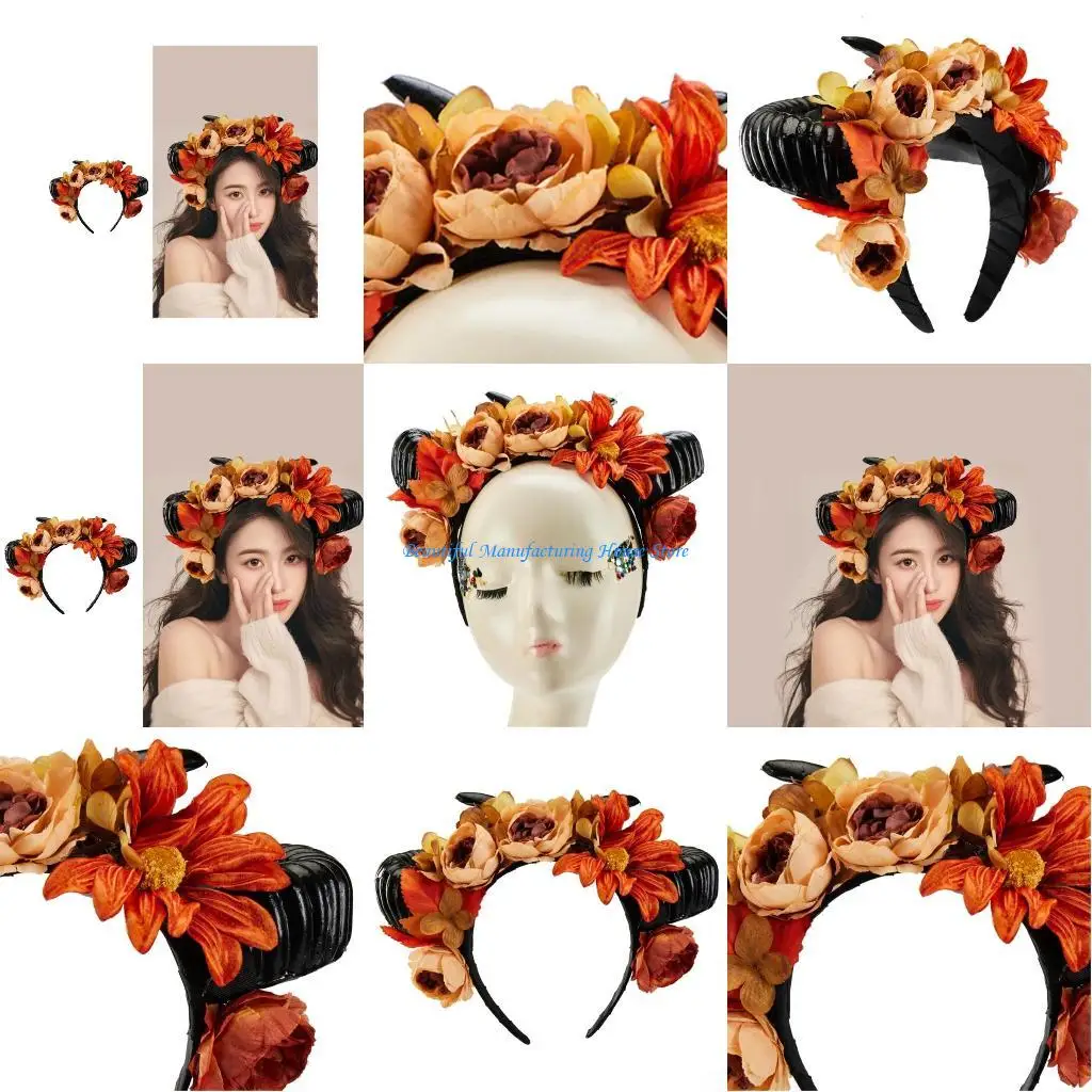 

E56A Resin Headbands with Unique Flower Horn Antlers Horn Gothic Headpieces Headwear Perfect for Halloween and Everyday Wear