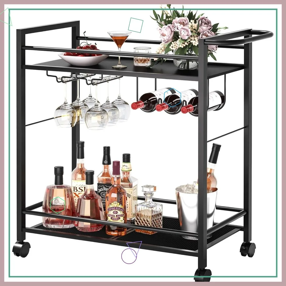 

2-Tier Rolling Bar Cart with Storage Shelves, Wheels, Wine Rack & Glass Holder for Kitchen, Living Room, Black