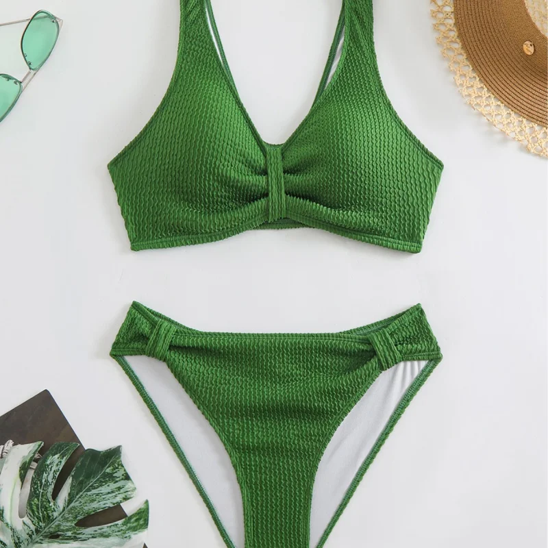 Bikini2025New Style Two-Piece Solid Color High-Waist Tummy ControlbikiniSwimsuit