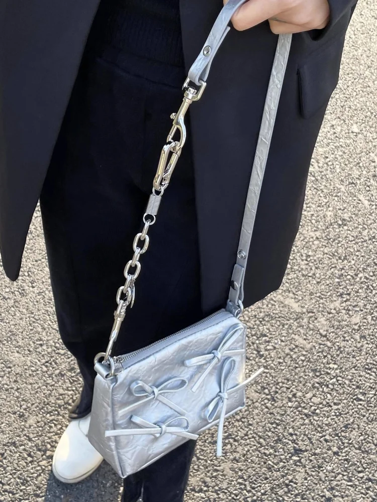 Sweet Female Silver Bow Chain Shoulder Bag Small Square Bag Strap Underarm Bag Women Designer Bags