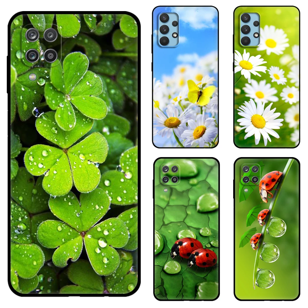 Black tpu Case four leaf ladybug daisy For Samsung galaxy M53 M13 M62 A12 A22 A22S A32 A42 A52 A52S A72 4g 5g A20S