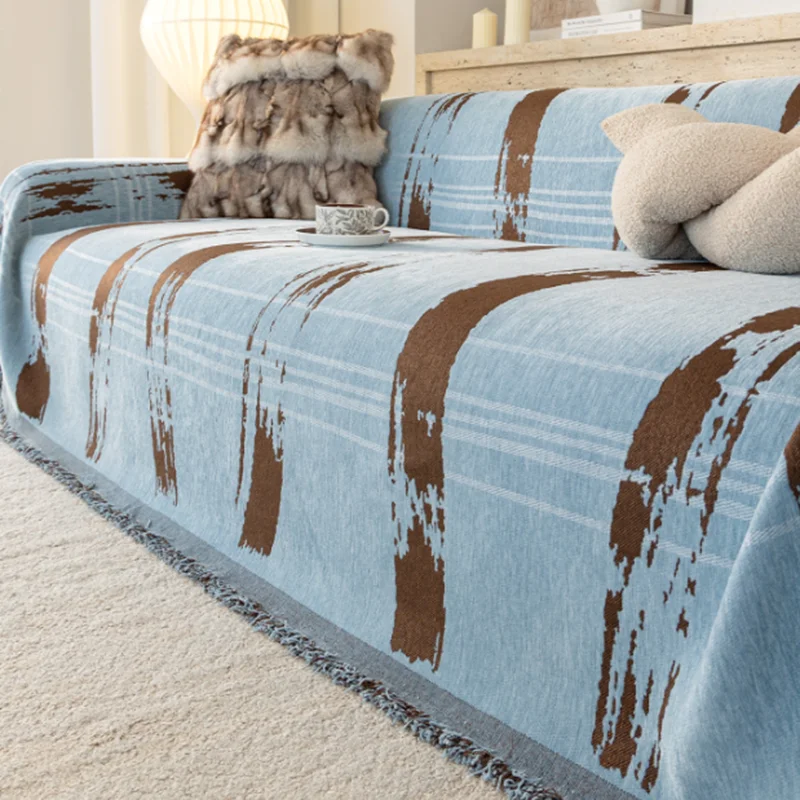 High-End Striped Blue Tassel Sofa Cover Contrast Chenille Wear-Resistant Sofa Towel Living Room Couch Protector for Four Seasons