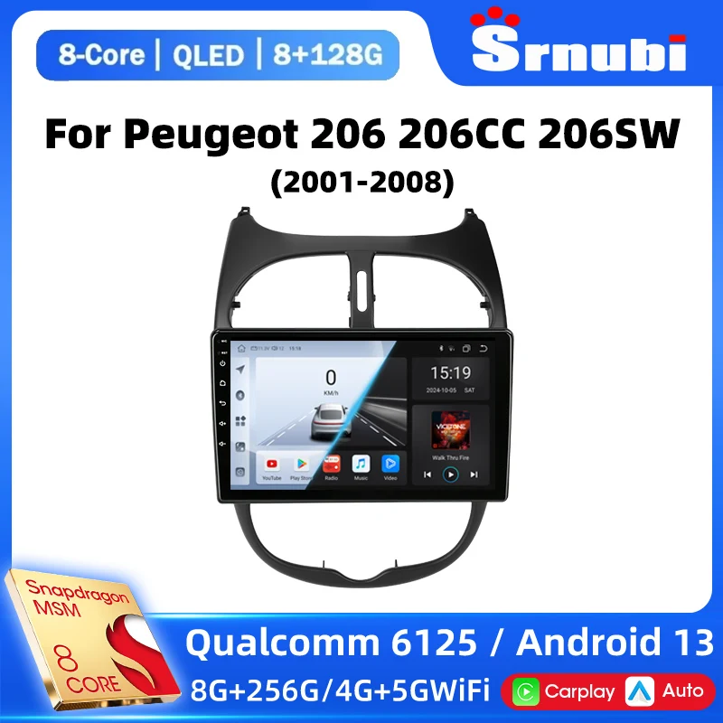 Srnubi 2din Android 13 Car Radio for PEUGEOT 206 206CC 206SW 2001 - 2008 Auto Multimedia Player 4G GPS Autoradio Carplay Navi