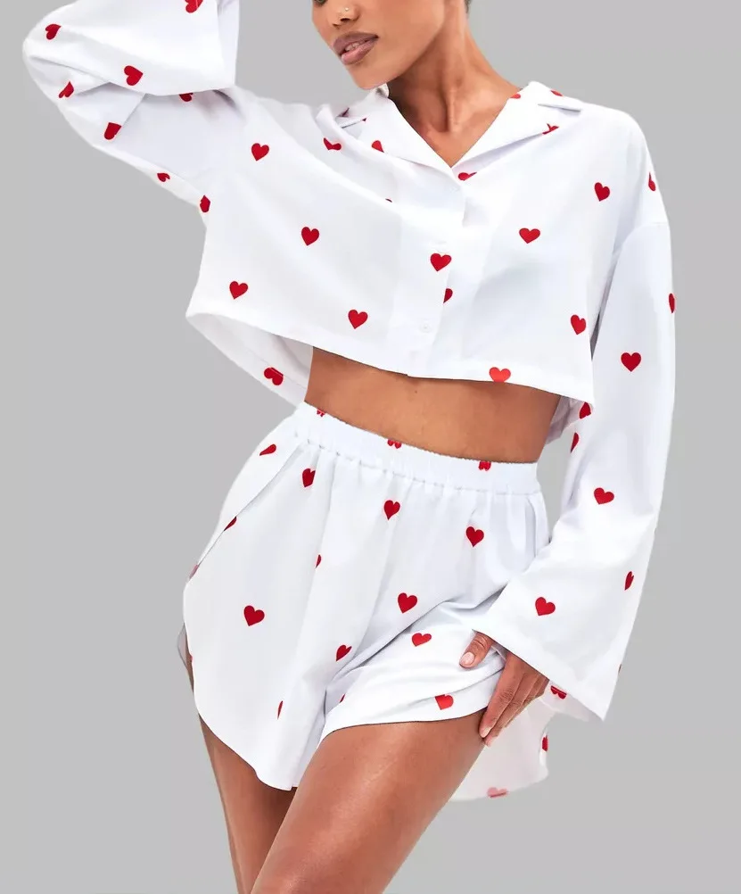 Wildberry Love Printed Long sleeved Shorts Set Short Long sleeved Top Shorts Two piece Set for Casual and Fashionable Women