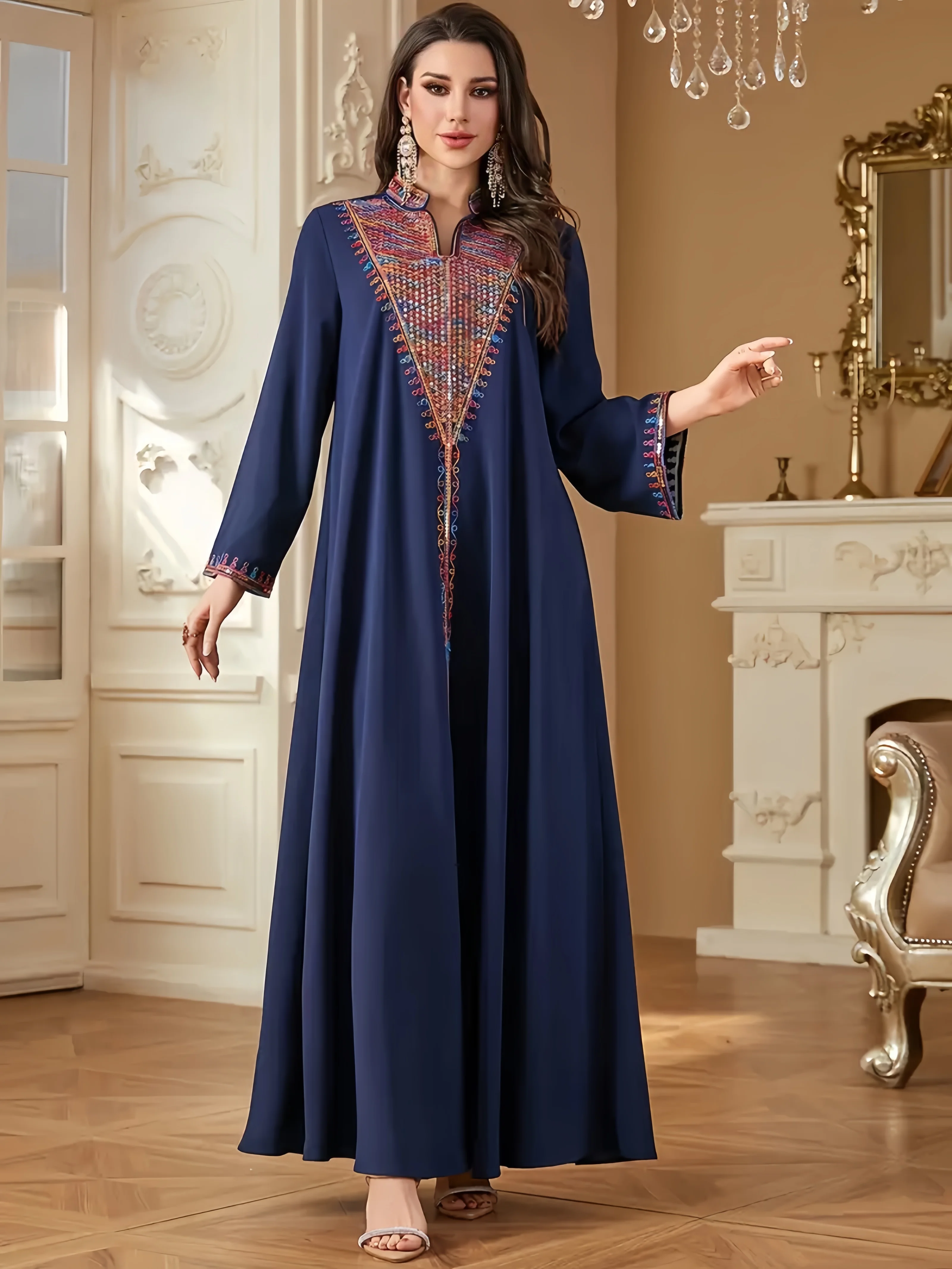 

2025 New Luxury Muslim Abaya Navy Blue with Colorful Embroidery Detailing Ideal for Dubai Formal Occasions Modest Islam Clothing