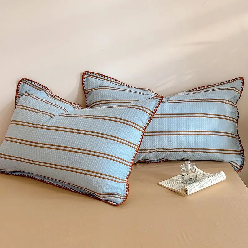 2Pcs Soft Breathable Waffle Weave Light Blue Brown Striped Pillowcases With Crochet Edge For Bedroom Guest Room Adults Home