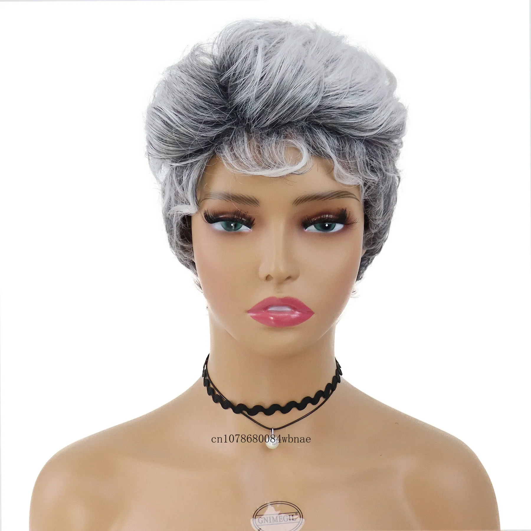 Classic Pixie Cut Hairstyle Synthetic Hair Short Ombre Grey Wig with Bangs Fluffy Curly Wigs for Women Heat Resistant Daily Use