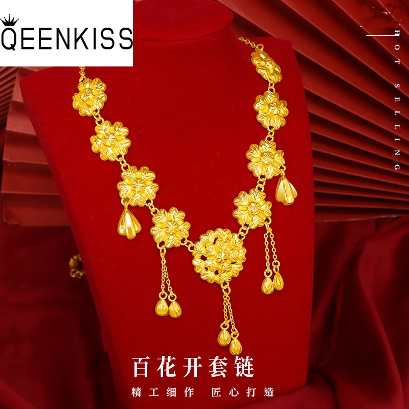 

QEENKISS NC5332 Fine Hot Jewelry Wholesale Woman Bride Birthday Wedding Anniversary Party Gift Flower Tassel 24KT Gold Necklace