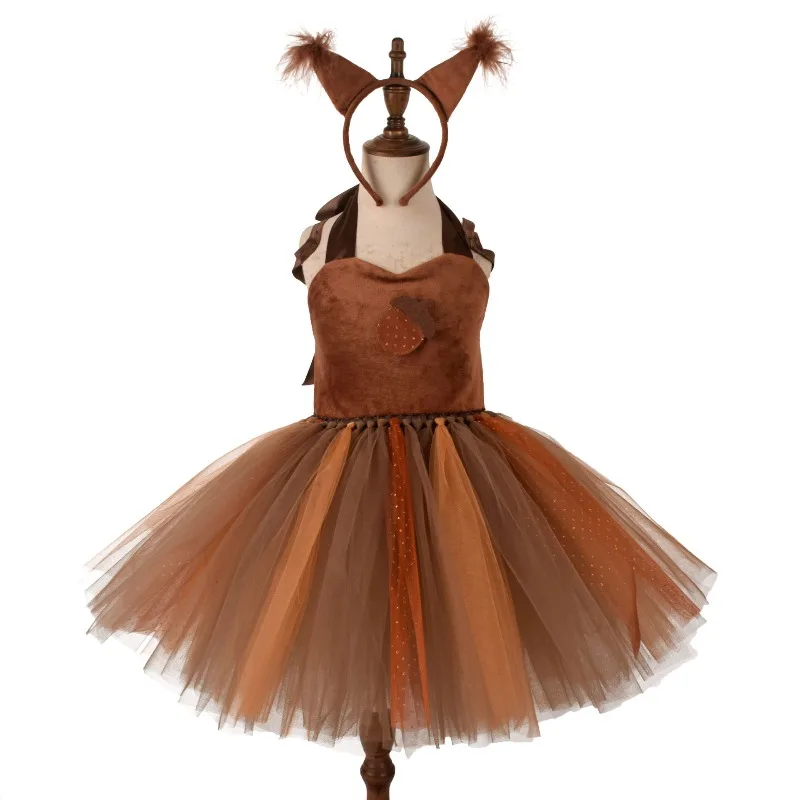 

New Cosplay Costume Funny Animal Squirrel Sleeveless Dress Headband Suits Fairy Tale Theme Party Role Playing Outfits for Girls