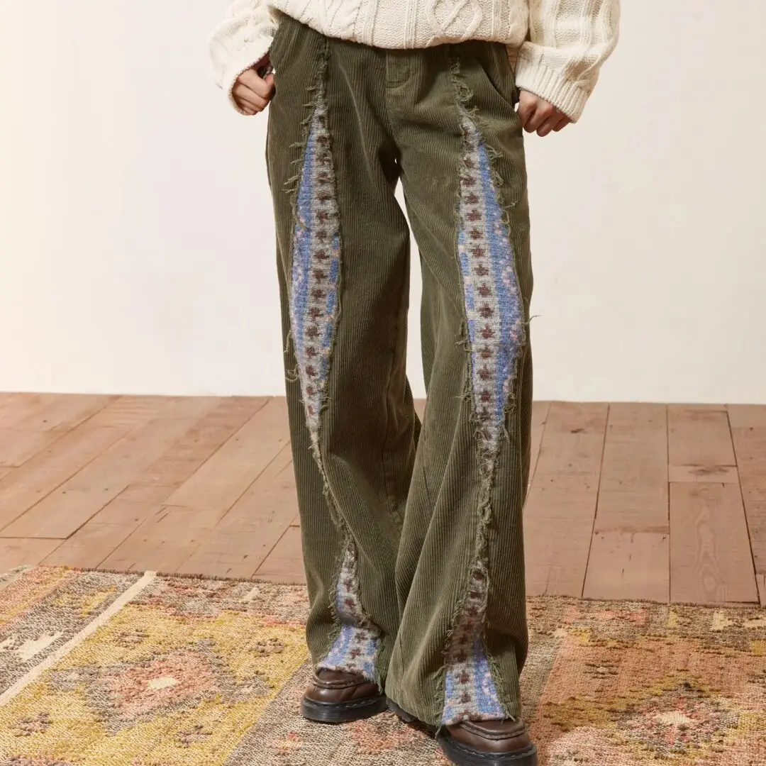 Trousers Corduroy Patchwork Green High Waist Fashion Vintage Casual Loose Design Pants For Women Spring Autumn All Match