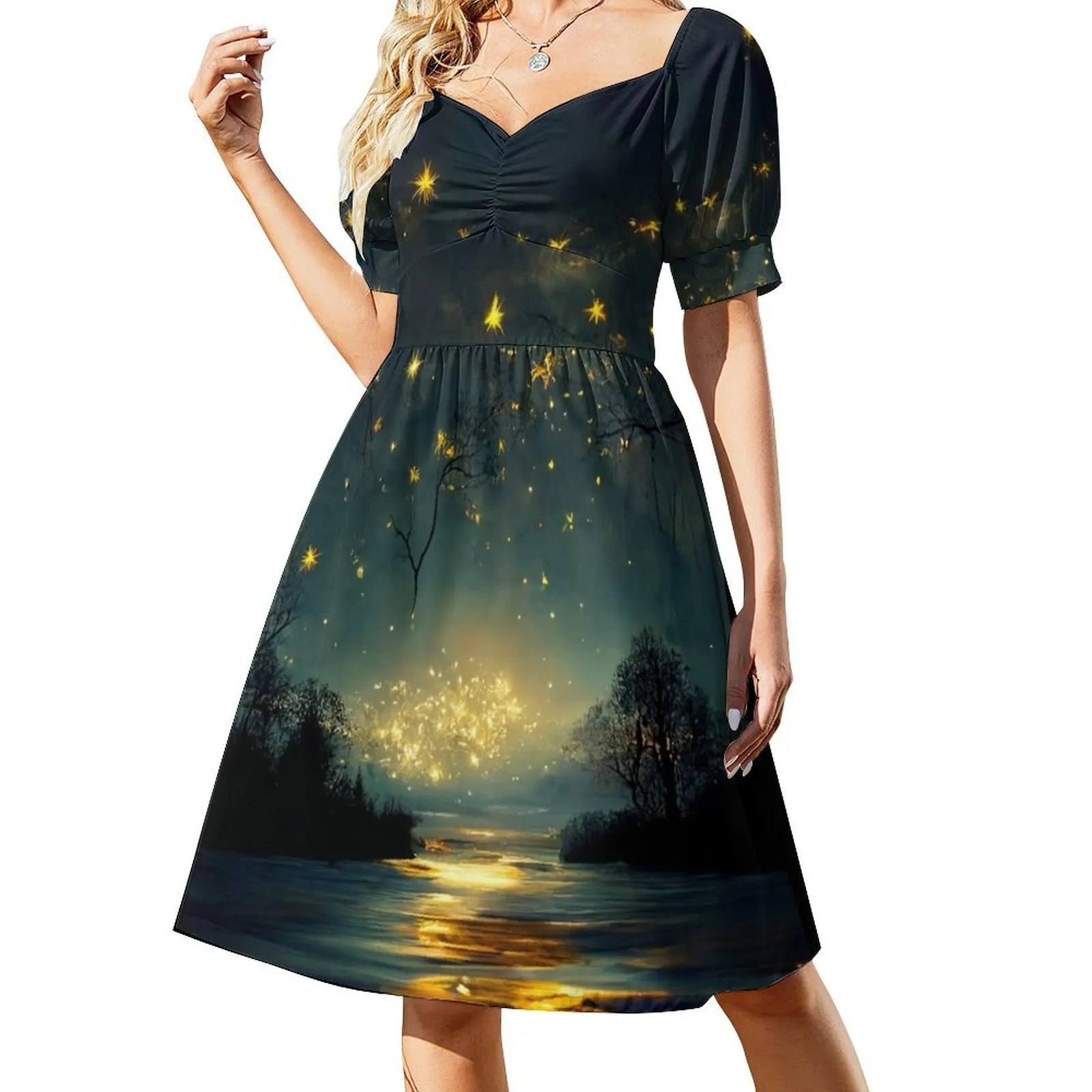 Beautiful twinkling stars in a big sky over a tree lined lake. Short-Sleeved Dress Female clothing evening dress ladies