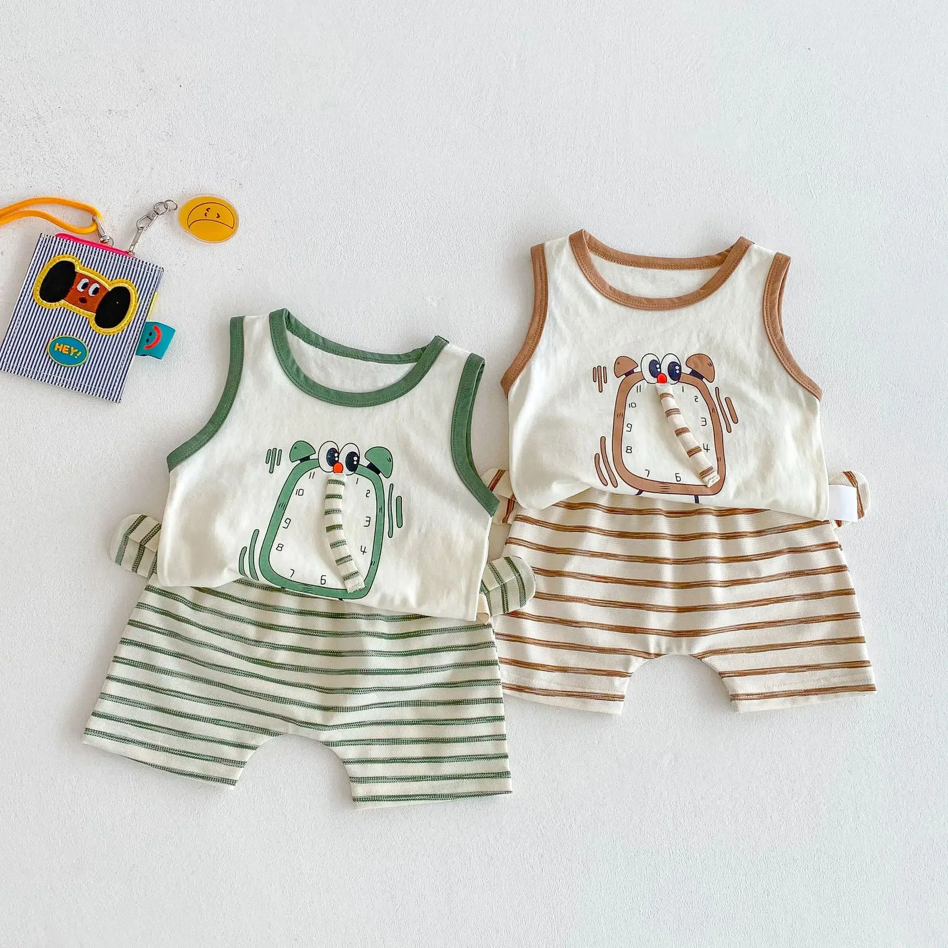 

2025 Summer Korean-style Leisure Unisex Baby Cotton Set - Cute Alarm Clock Print Sleeveless Vest & Striped Pants Two - Piece Set