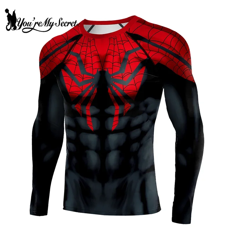 [You're My Secret] Movie Men's Spider Print Superhero Cosplay Costume Compression Quick Dry T-shirt Skinny Long Sleeve Tops