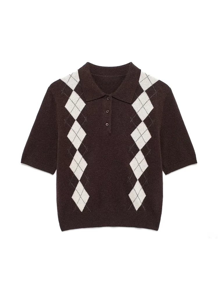 

KUCLUT Women Fashion Argyle Plaid Front Button Knitted Pullover Sweater Vintage Lapel Neck Short Sleeve Female Chic Lady Tops