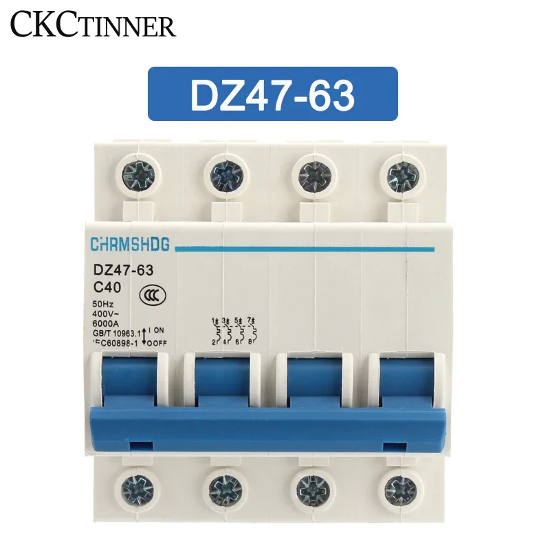 DZ47-63 4 Pole 6A/10A/16A/20A/25A/32A/40A/50A/63A 400V C Type Mini Circuit Breaker MCB 35mm Din Rail Mount Breaking Capacity 6KA