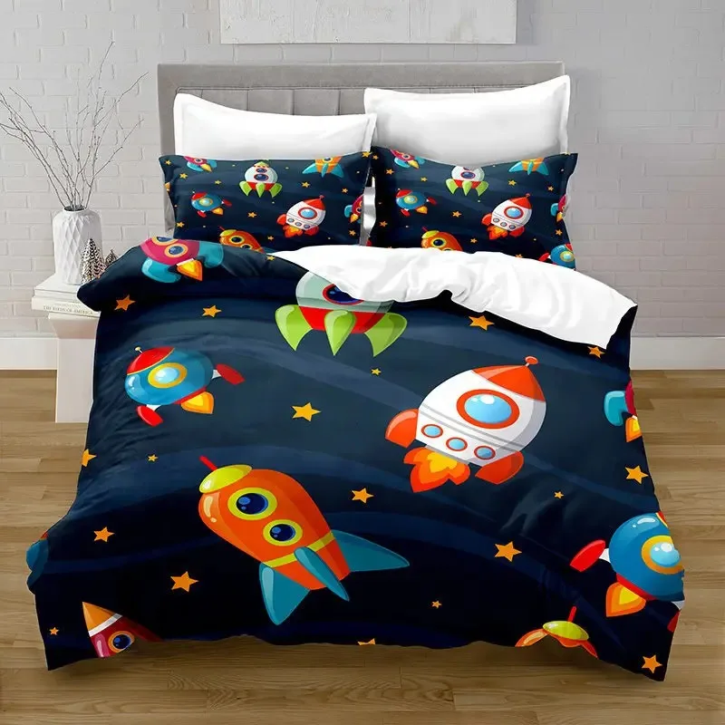 Outer Space Themed Kid Bedding Set Cartoon Rocket Planets Astronaut Duvet Cover King Queen Space Adventure