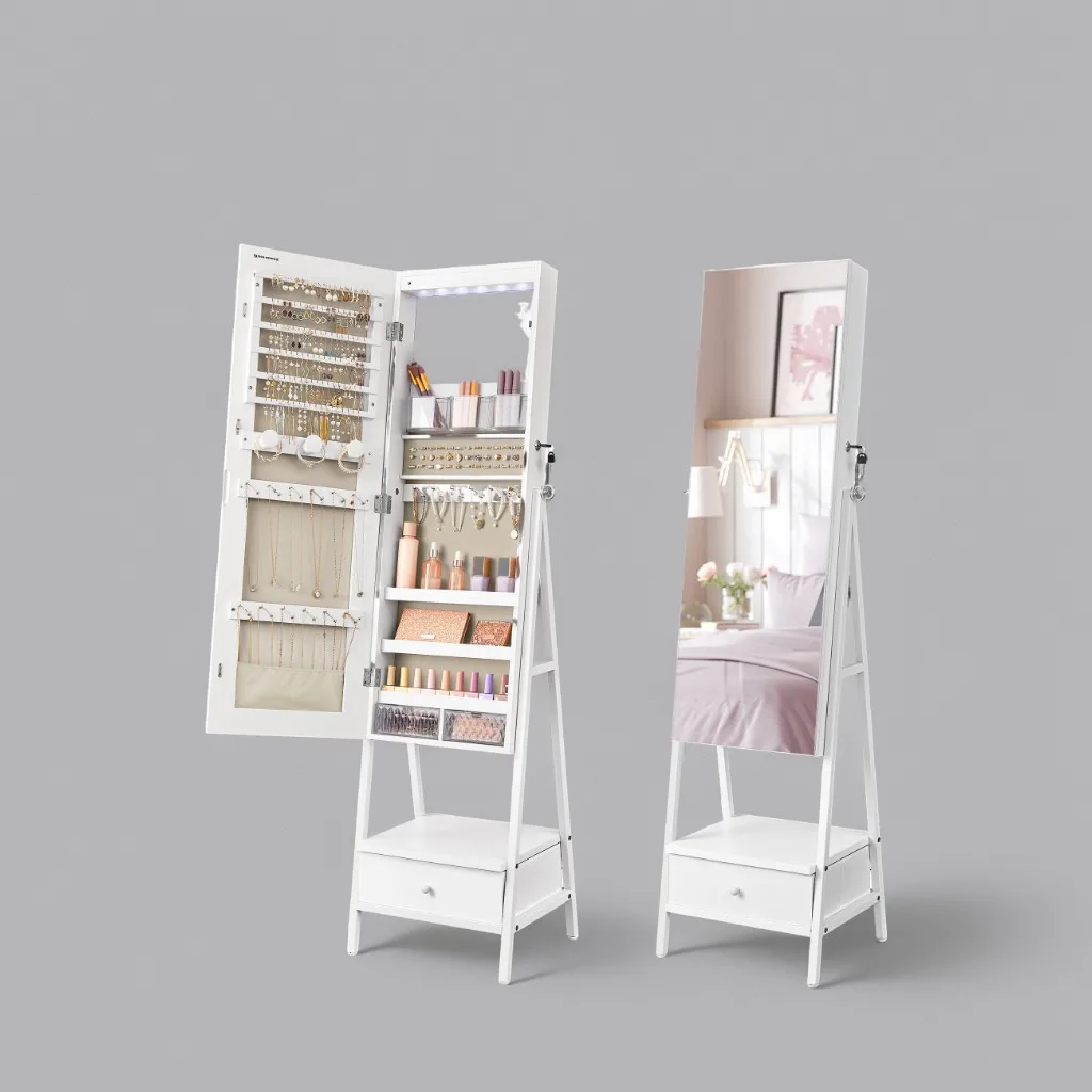 

SONGMICS LED Mirror Jewelry Cabinet Standing, Jewelry Organizer with Mirror,Space-Saving Bottom Drawer,Lockable Jewelry Armoir