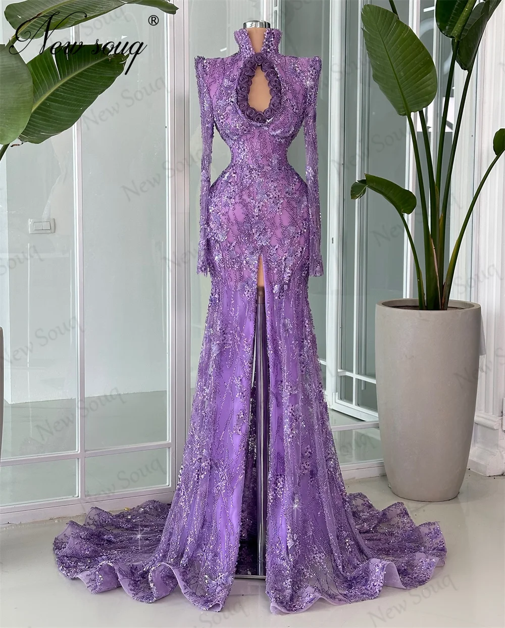 Middle East Purple Prom Dresses High Neck Beading Birthday Cocktail Dress Plus Size Elegant Dubai Crystals Party Evening Dresses