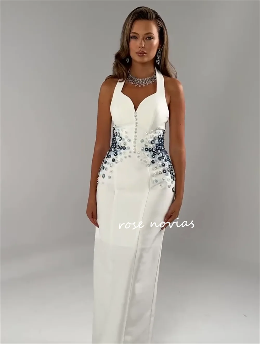 Jersey personalizado halter temperamento em linha reta vestidos longos sob medida ocasião mulher elegante festa de casamento formal noite