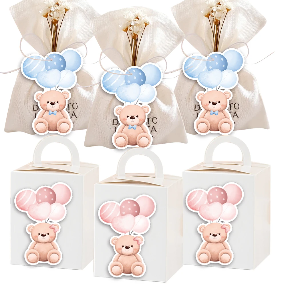50pcs Pink Blue Balloon Bear Stickers Paper Tags for Baby Shower Kids Happy Birthday Party Decorations Gifts Packaging Supplies
