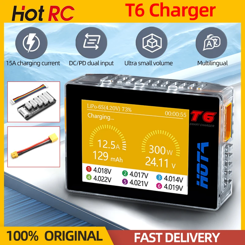 HOTA T6 Battery Charger DC300W PD90W 15A LiHv Lipo NiMh Li-ion Ni-Cd Digital Balance Charger 1~6S For RC FPV Airplane Drone Car