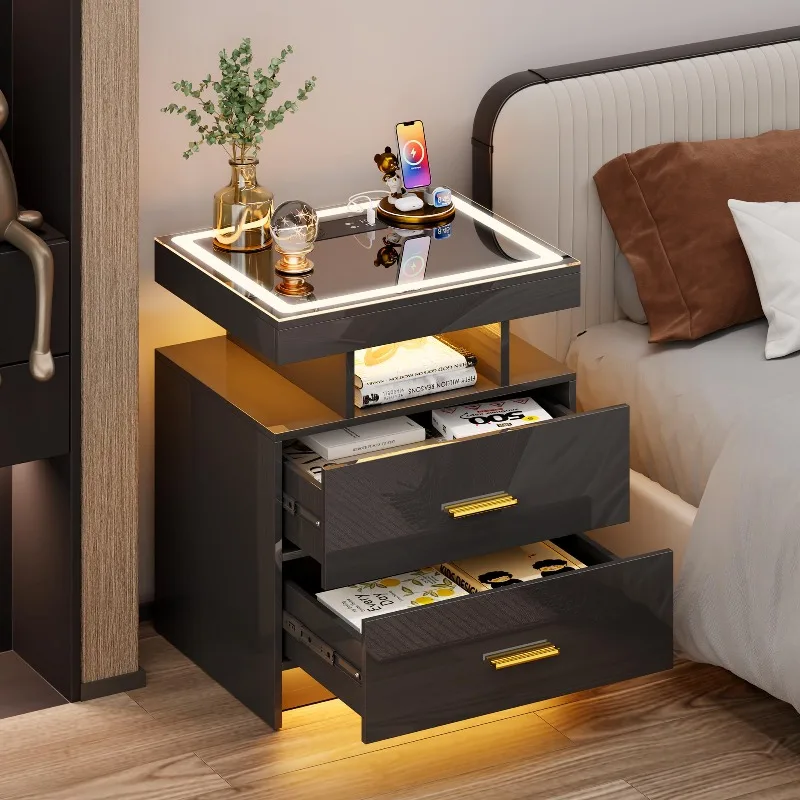 LED Nightstand with 3 Color Lights,Smart Night Stand with Wireless Charging Station,End Table with Human Body