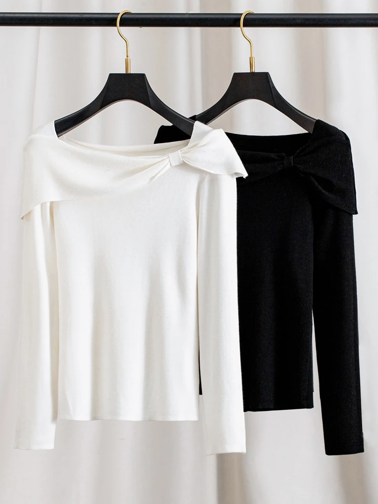 

Early Autumn High Quality One-Shoulder Knot Knitted Sweater Long Sleeve Slim Fit Sweet Style Woolen Knitwear Top