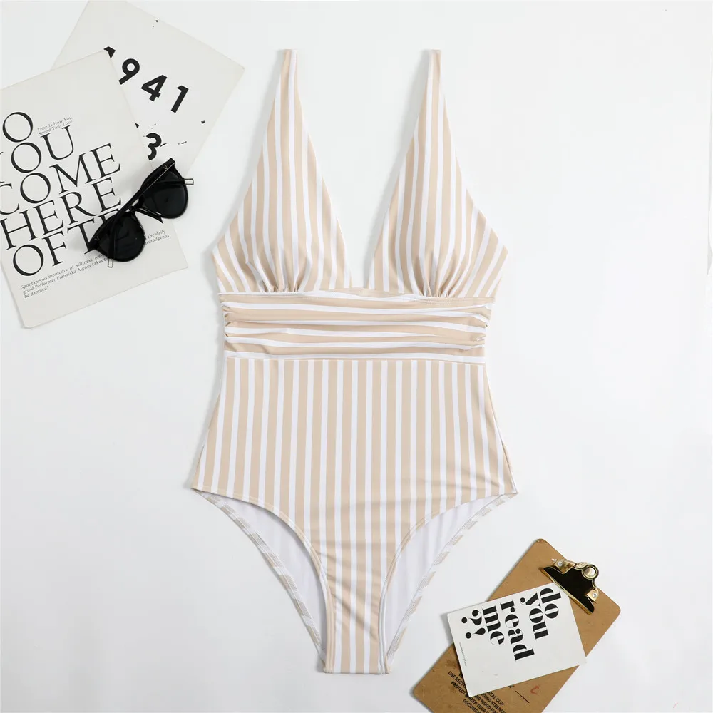 Bathing Suit 2023 Female One Piece Swimsuit Summer Beachwear Hot Monokini Striped Swimwear Deep V Neck Bodysuit Maillot De Bain