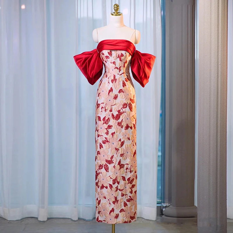 

Red Flowers Jacquard Evening Dress Light Luxury Boat Neck Strapless Slim Long Party Dresses Formal Female Engagement Gowns