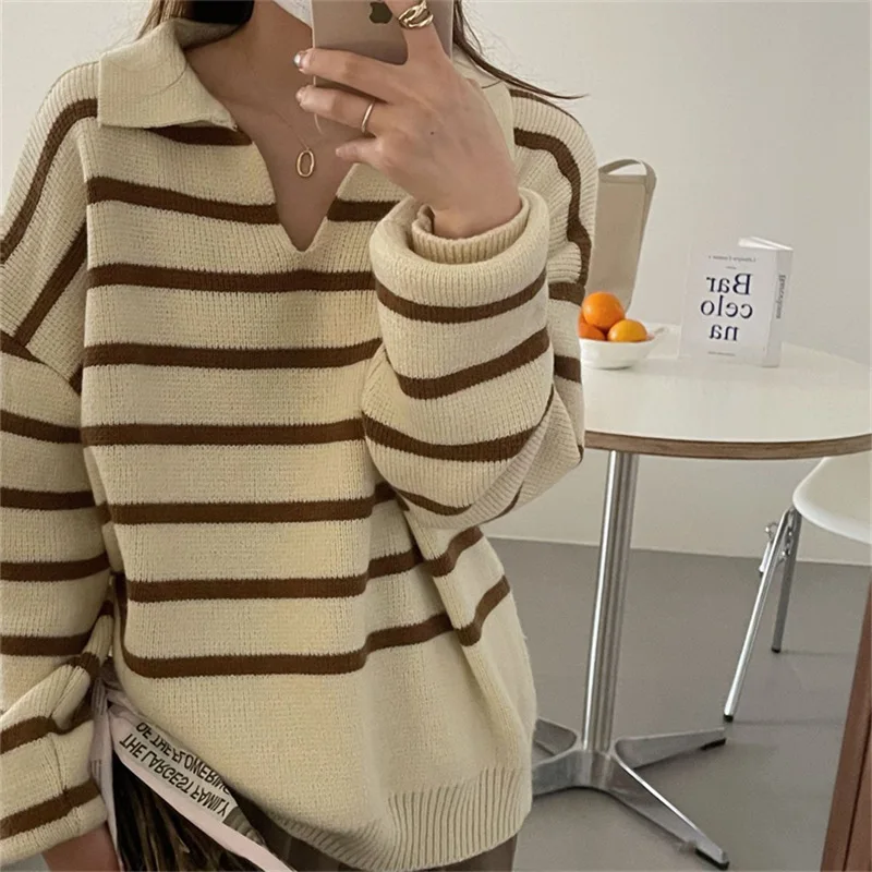 Women Sweater 2023 Autumn Winter Knitted Pullovers V-neck Bottoming Shirts Stripes Jumpers Long Sleeve Female Basic Tops