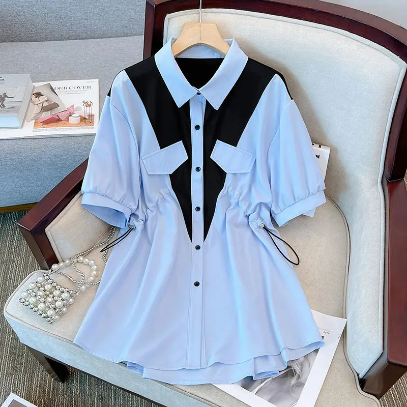 Women\'s Clothing Solid Color Spliced Blouse Stylish Waist Shirring Commute Single-breasted Summer Turn-down Collar Korean Shirt