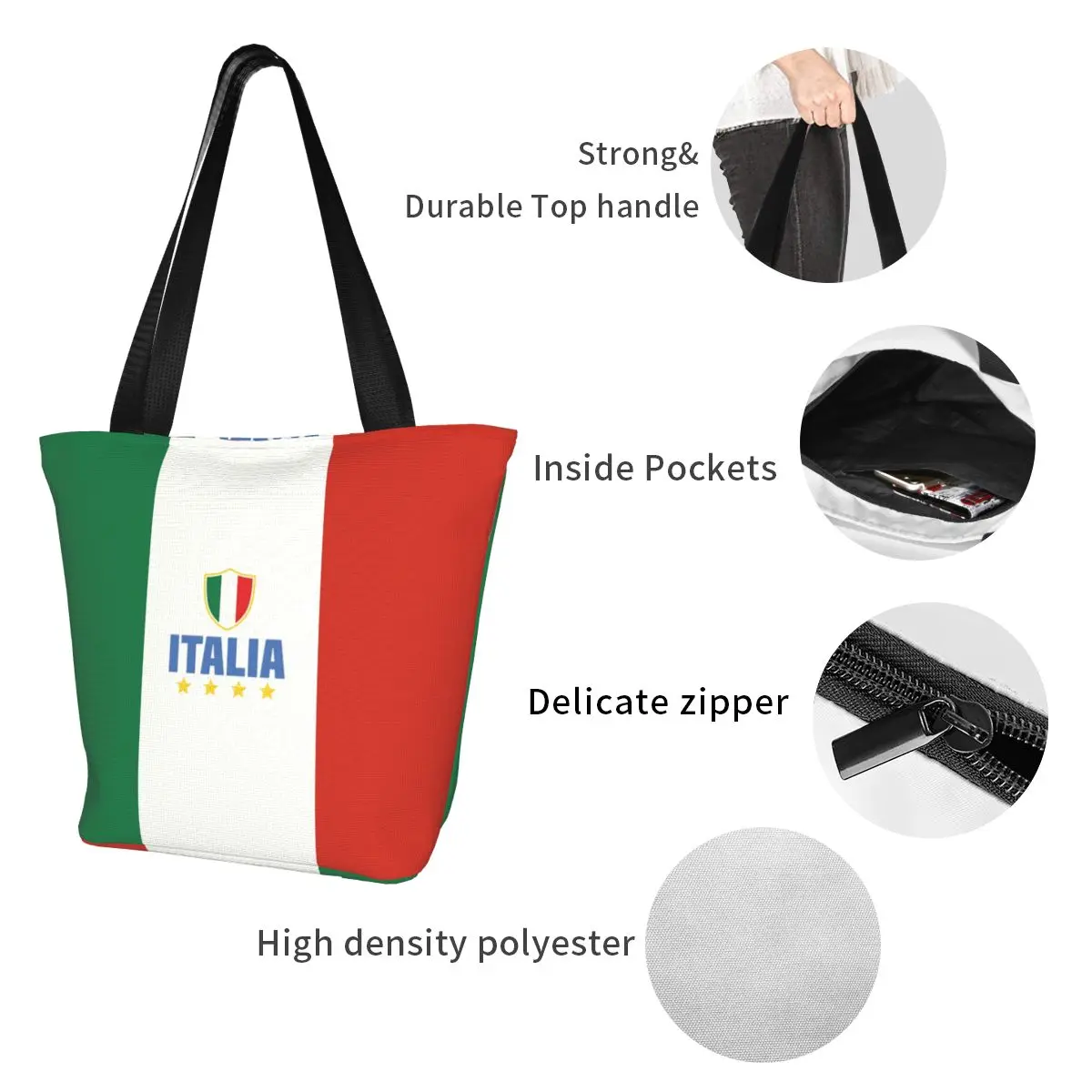 Custom Flag Of Italy Shopping Bag Women Canvas Shoulder Reusable Tote Bag Portable Grocery Shopper Bags