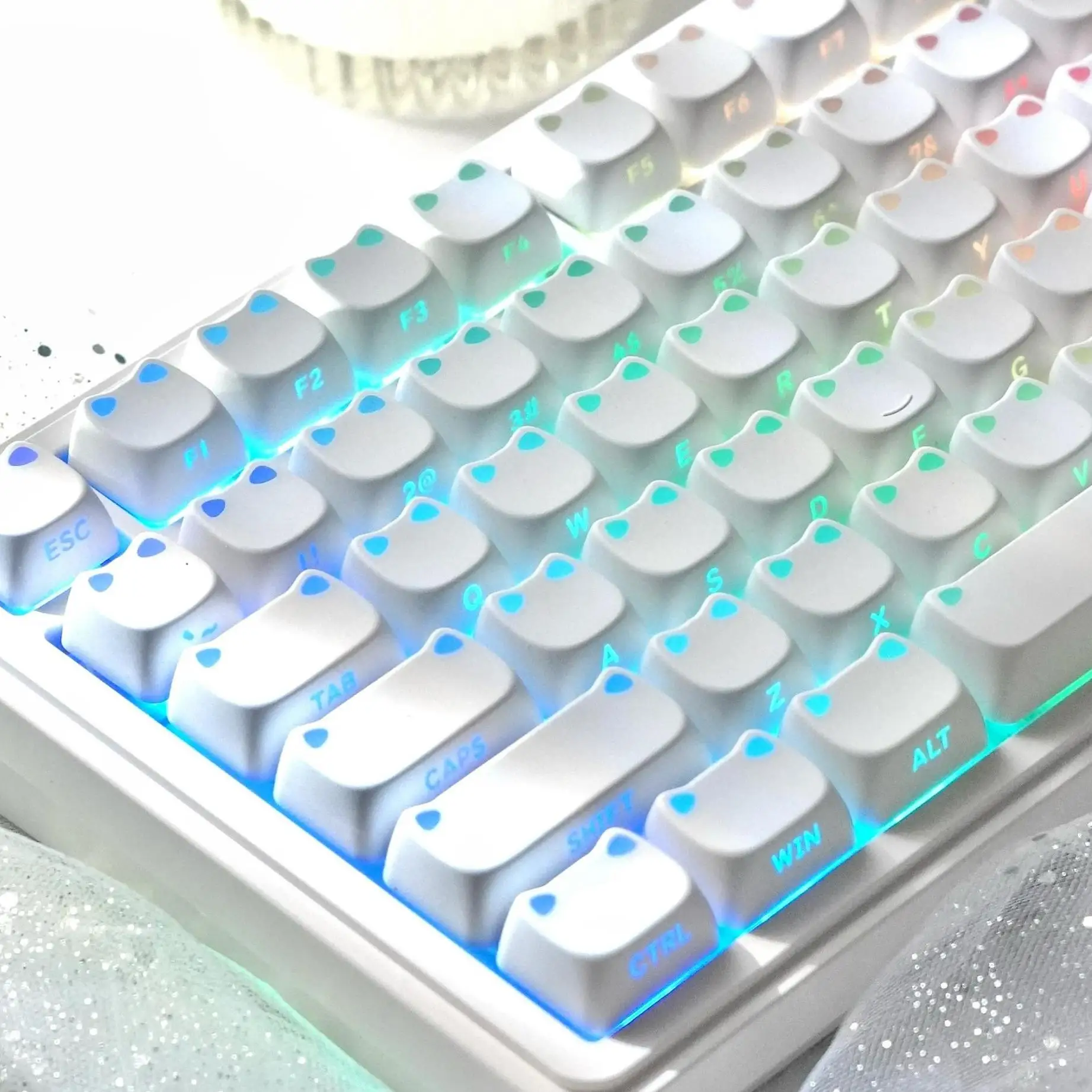 White Cute Cat Ear MAO Profile PBT Keycaps Double Shot Side Printed RGB Backlit Keycap for Cherry MX Switches Gaming Keyboard