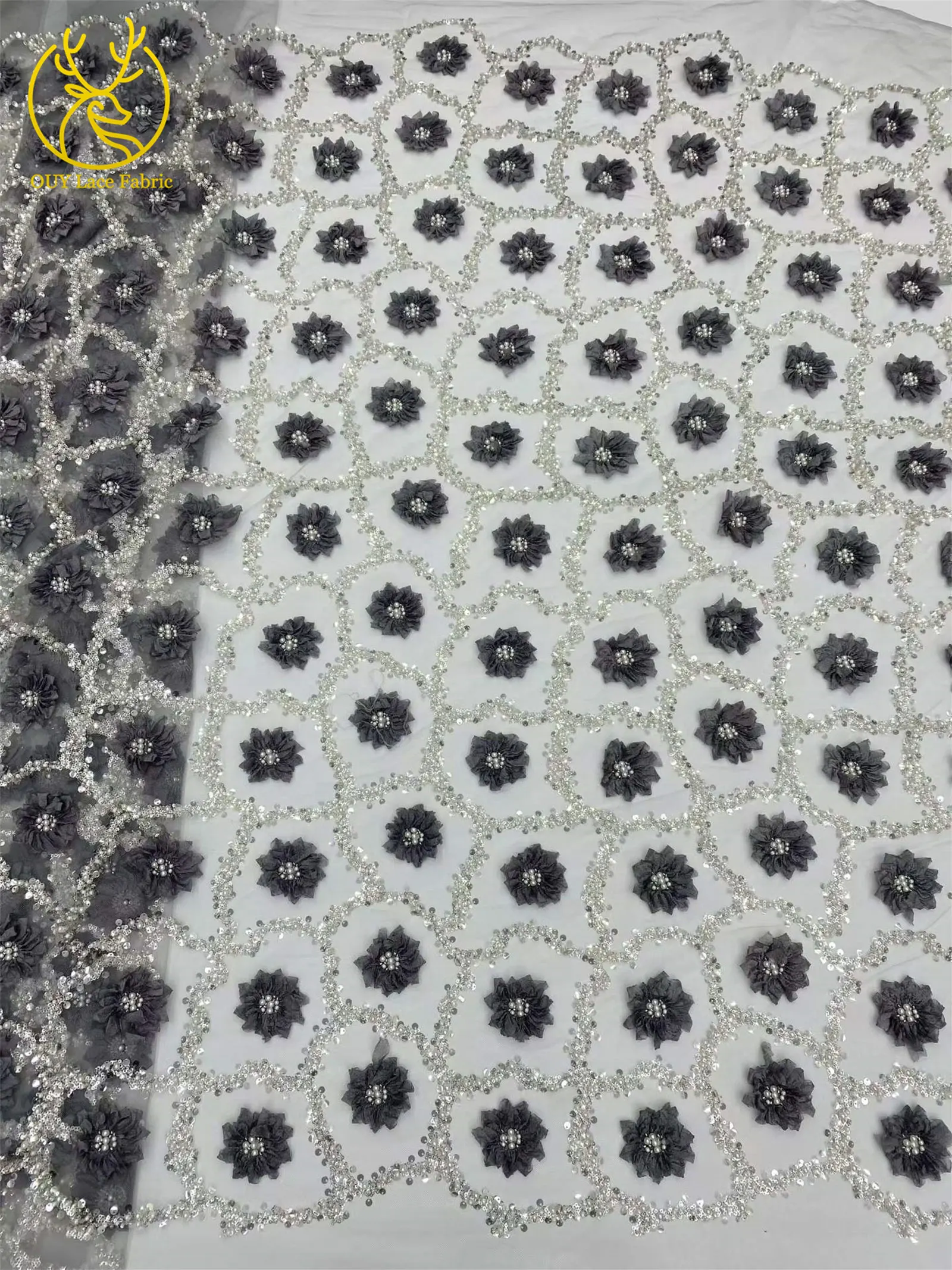 Elegantes Abendkleid 3D-Blumen-Spitzenstoff Afrikanischer Pailletten-Perlen-Spitzenstoff Hochwertiger Nigerianischer Französischer Tüll-Spitzenstoff – Detail 6