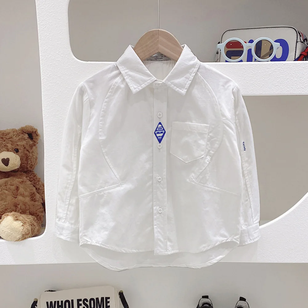 Fashion White Boys Shirts Spring Autumn Korean Loose Long Sleeved Lapel Cotton Shirt 3-10Years Boys Casual Tops Children